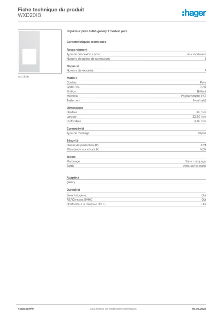 Image Hager Fiche technique du produit WXD201B | Hager France