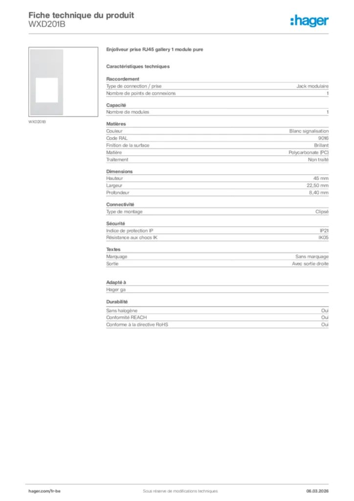 Image Hager Fiche technique du produit WXD201B | Hager Belgique
