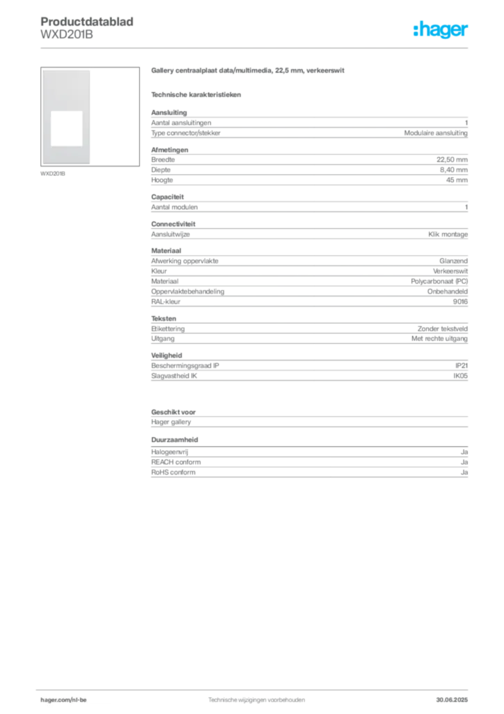 Afbeelding Hager Productdatablad WXD201B | Hager Belgium