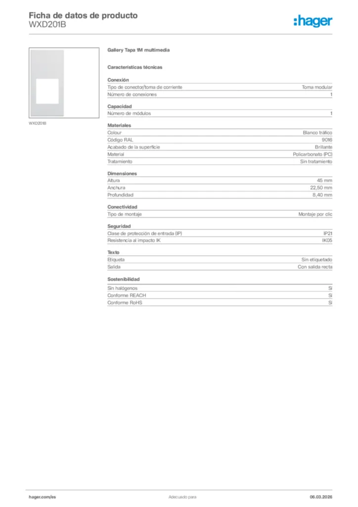 Imagen Hager Ficha de datos de producto WXD201B | Hager España
