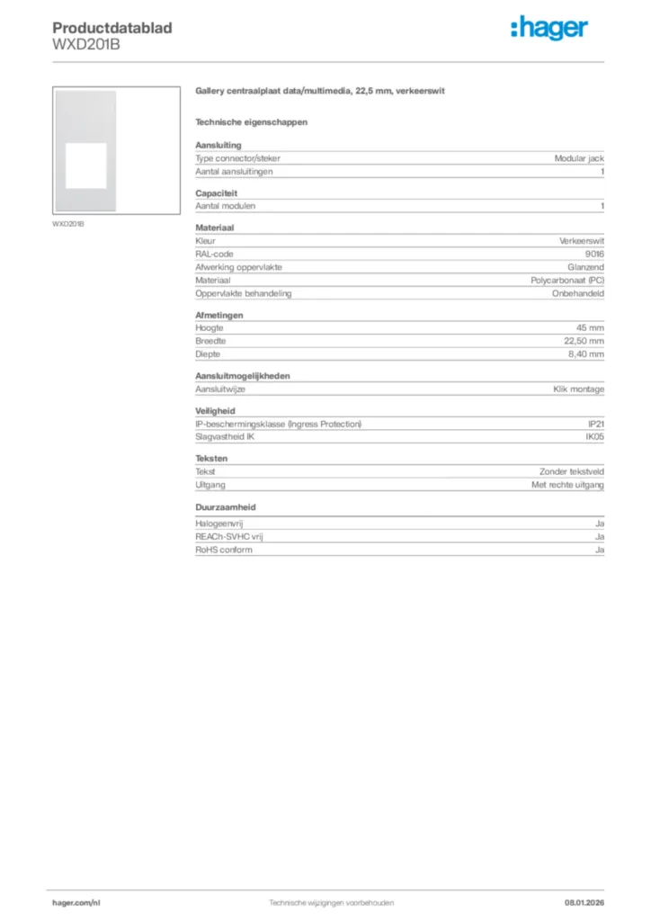 Afbeelding Hager Productdatablad WXD201B | Hager Nederland