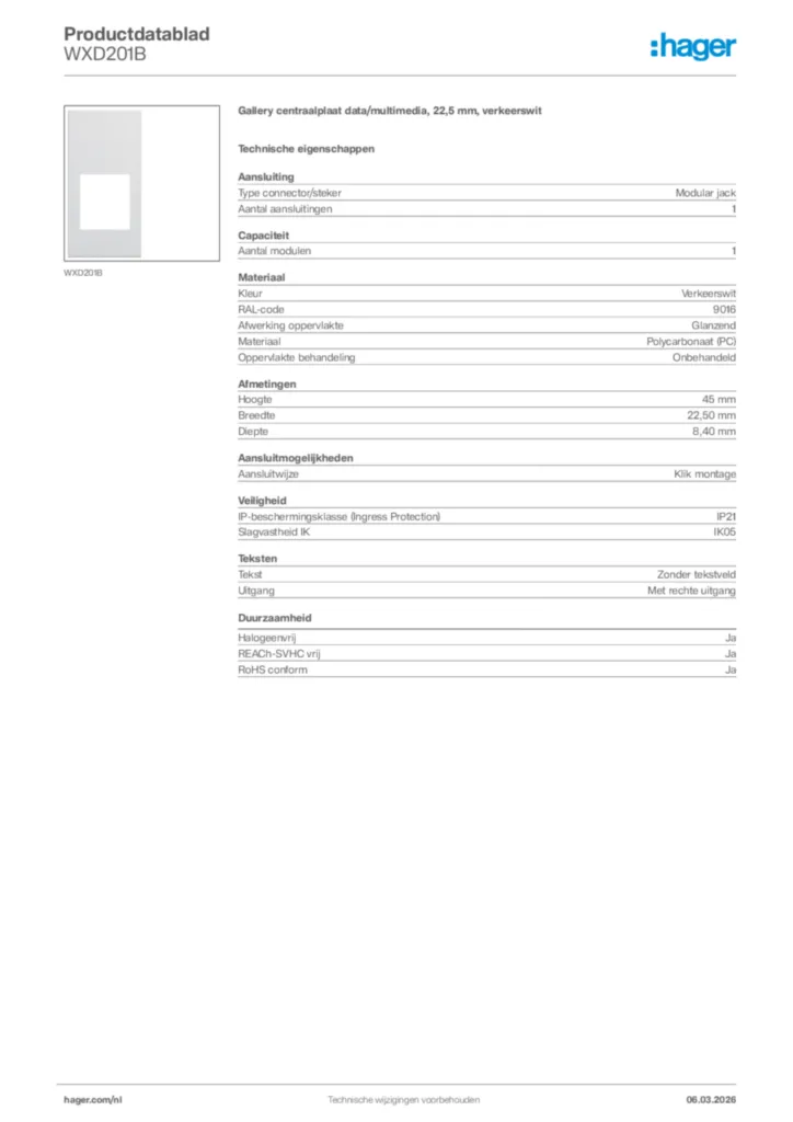 Afbeelding Hager Productdatablad WXD201B | Hager Nederland