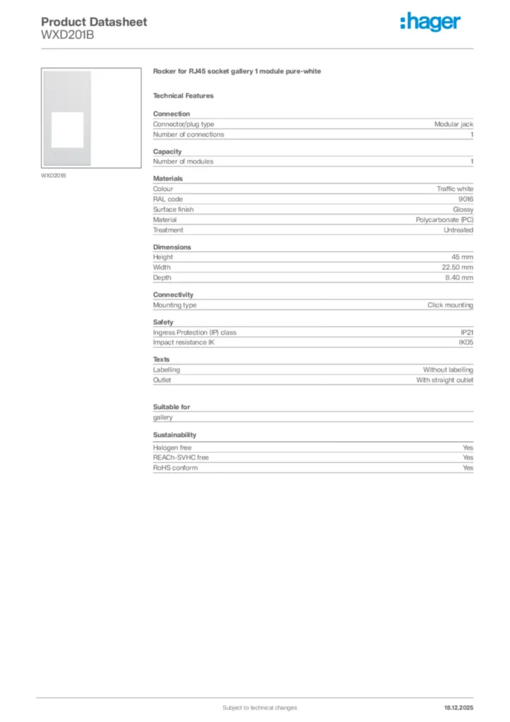Image Hager Product data sheet WXD201B  | Hager