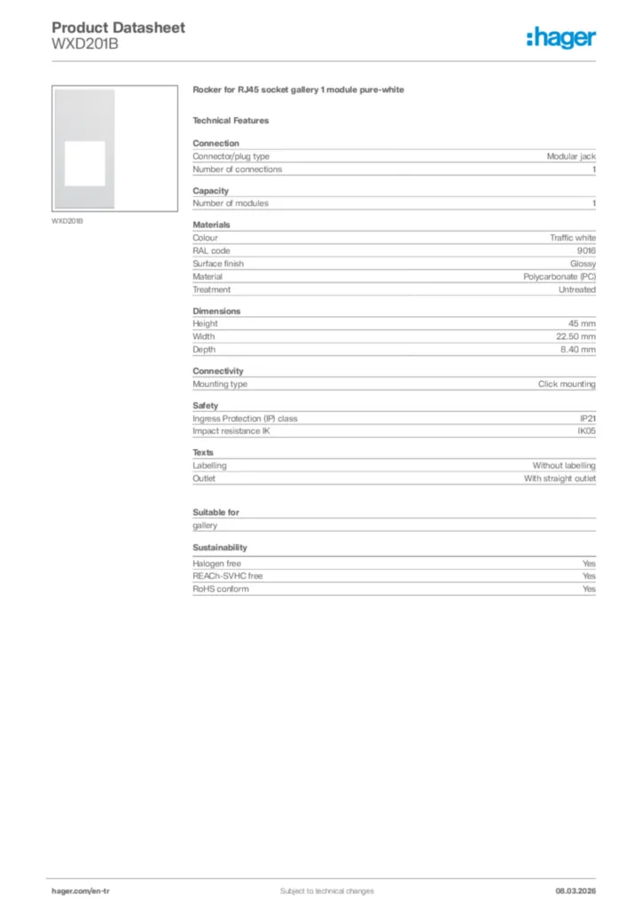 Image Hager Product data sheet WXD201B  | Hager
