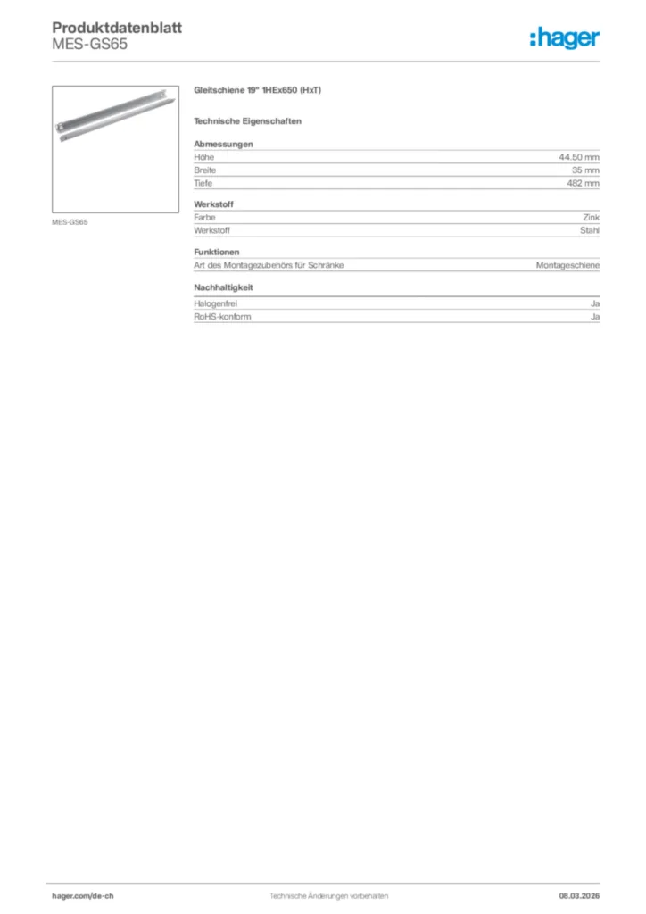 Bild Hager Produktdatenblatt MES-GS65 | Hager Schweiz