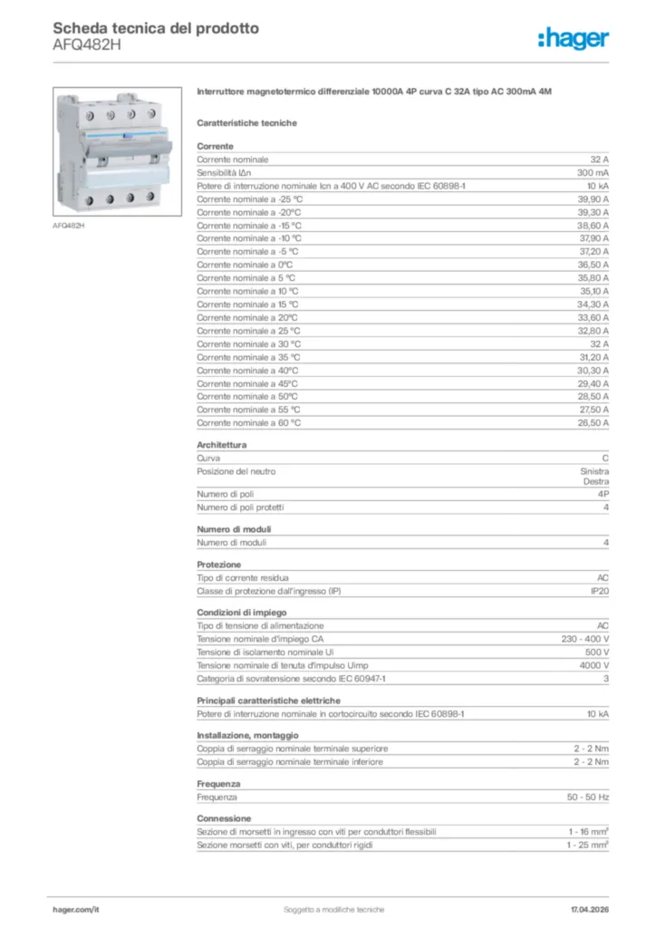 Immagine Hager Scheda tecnica del prodotto AFQ482H | Hager Italia