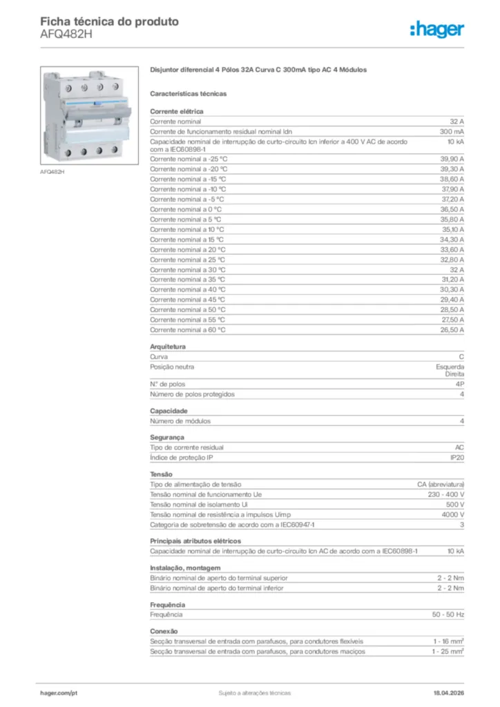 Imagem Hager Ficha técnica do produto AFQ482H | Hager Portugal