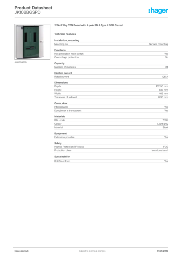 Image Hager Product data sheet JK108BGSPD  | Hager