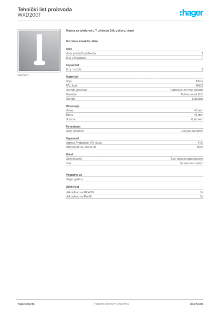 Slika Hager Product data sheet WXD200T  | Hager