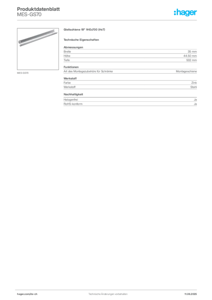 Bild Hager Produktdatenblatt MES-GS70 | Hager Schweiz