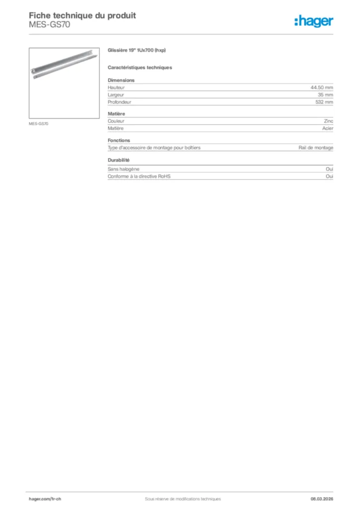 Image Hager Fiche technique du produit MES-GS70 | Hager Suisse