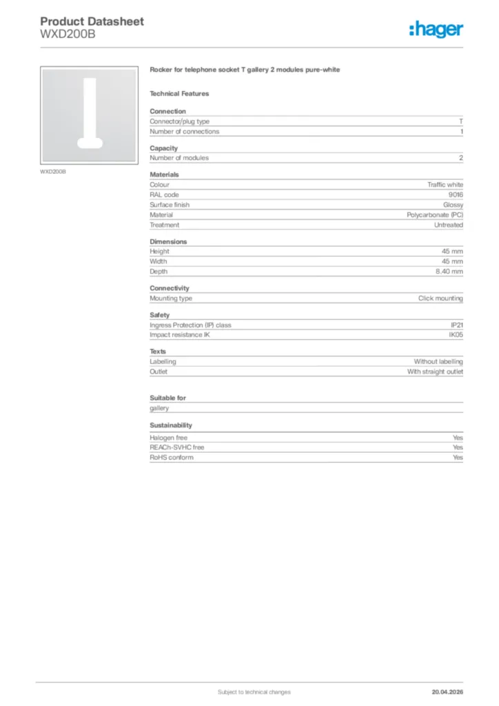 Image Hager Product data sheet WXD200B  | Hager Africa