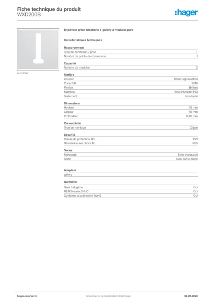 Image Hager Fiche technique du produit WXD200B | Hager Afrique