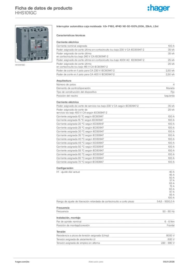 Imagen Hager Ficha de datos de producto HHS101GC | Hager España
