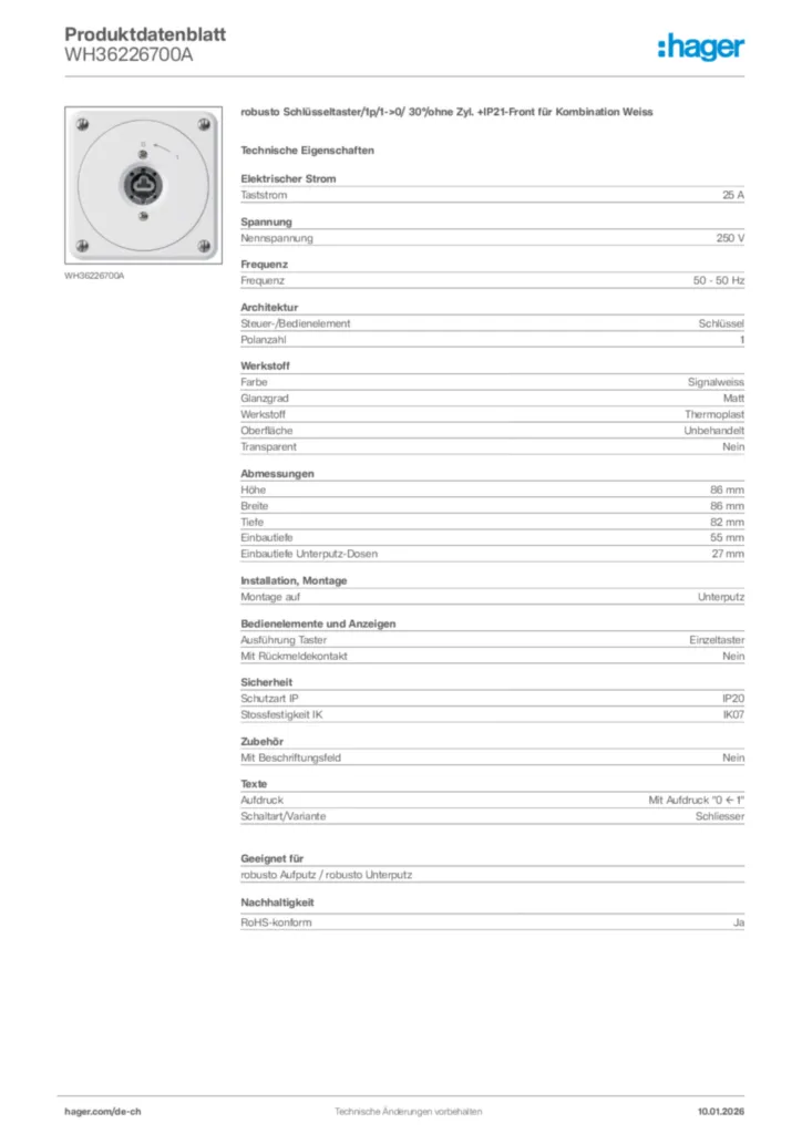 Bild Hager Produktdatenblatt WH36226700A | Hager Schweiz