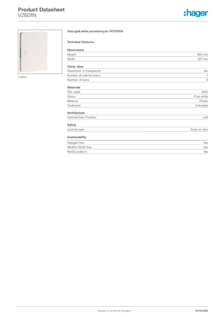 Image Hager Product data sheet VZ601N  | Hager Africa