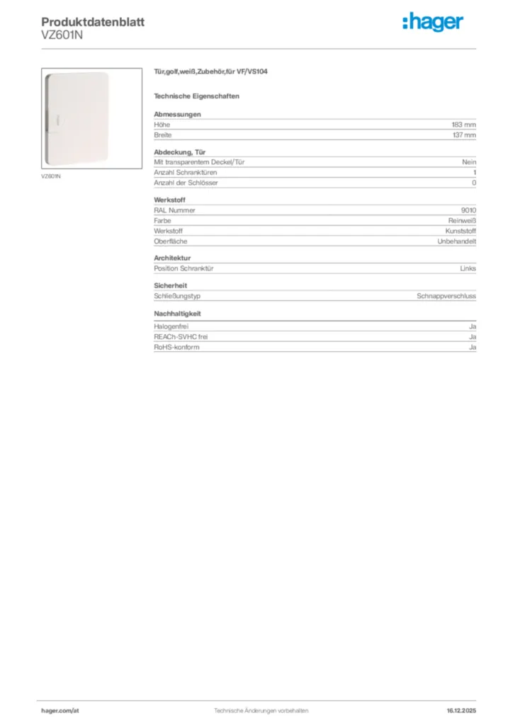 Bild Hager Produktdatenblatt VZ601N | Hager Deutschland