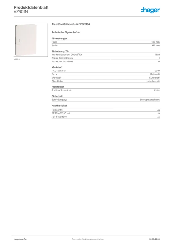 Bild Hager Produktdatenblatt VZ601N | Hager Deutschland