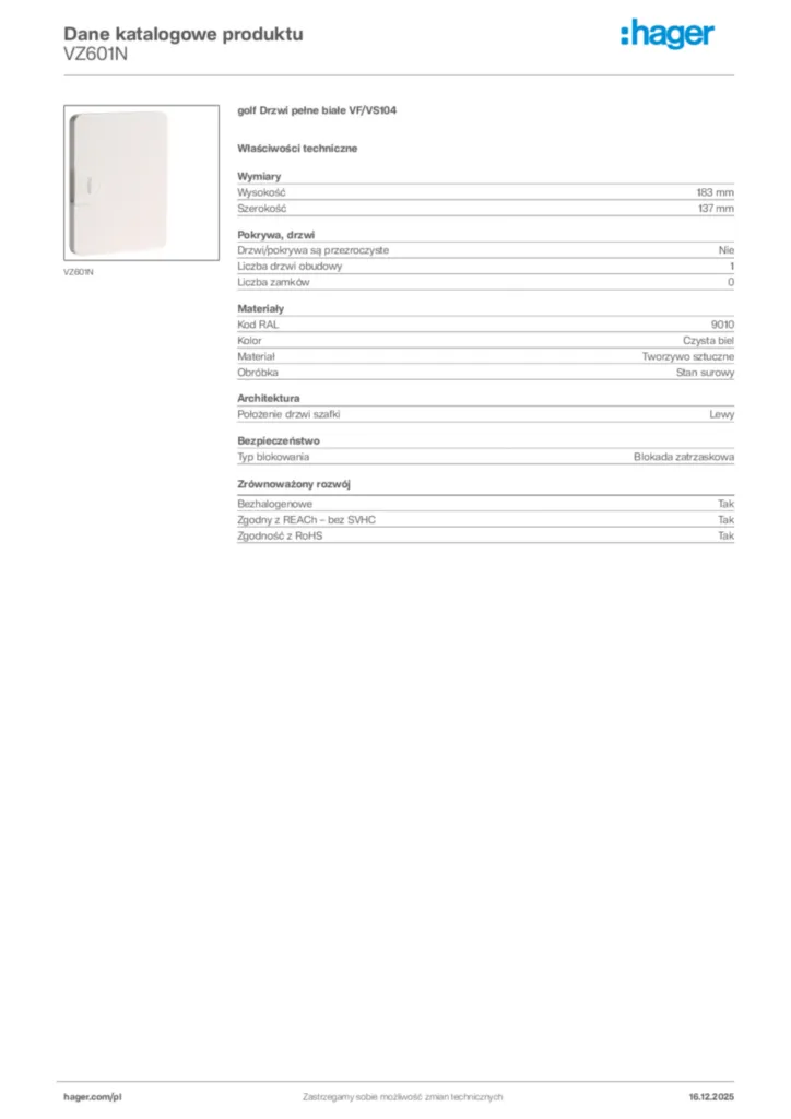 Zdjęcie Hager Karta katalogowa VZ601N | Hager Polska