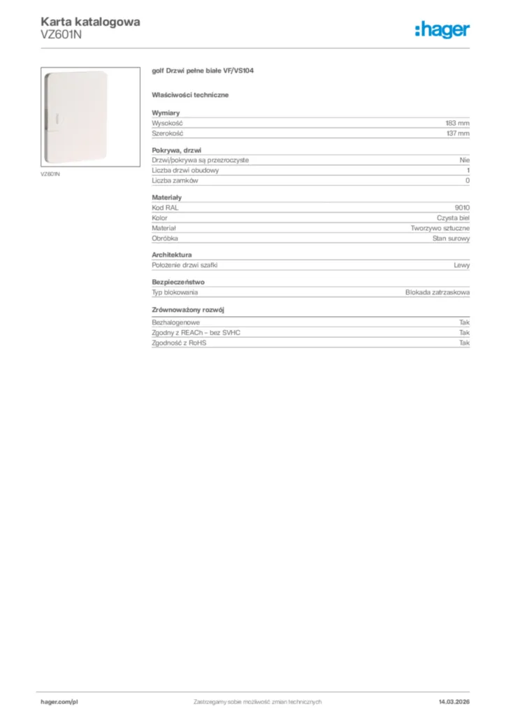 Zdjęcie Hager Karta katalogowa VZ601N | Hager Polska