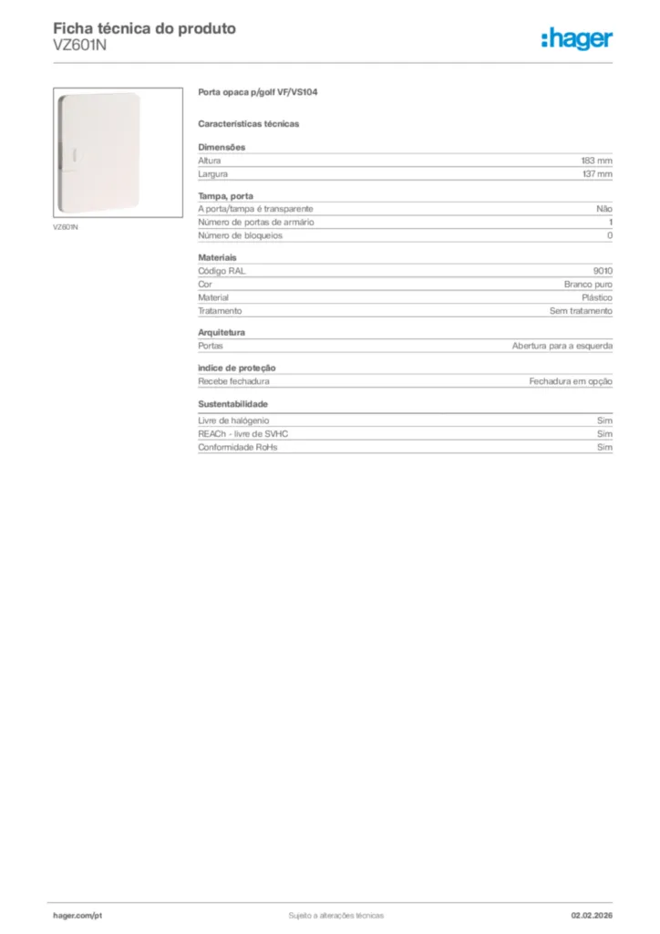 Imagem Hager Ficha técnica do produto VZ601N | Hager Portugal