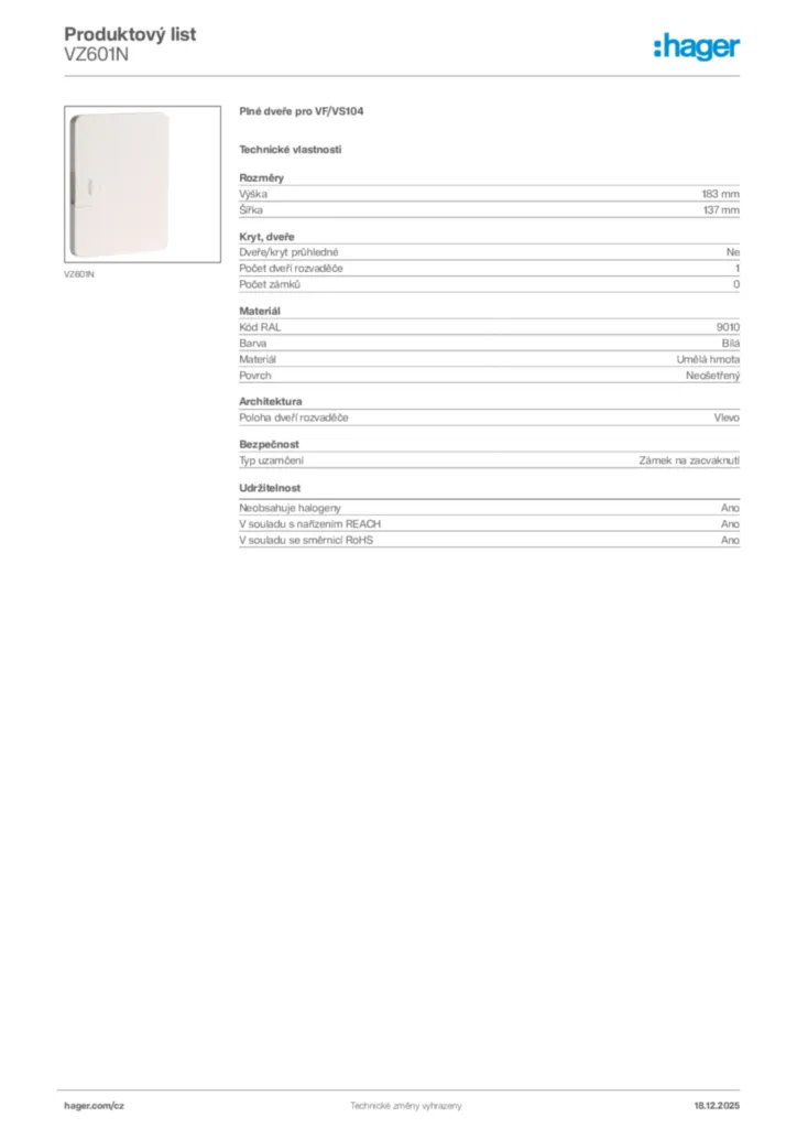 Obrázek Hager Produktový list VZ601N | Hager