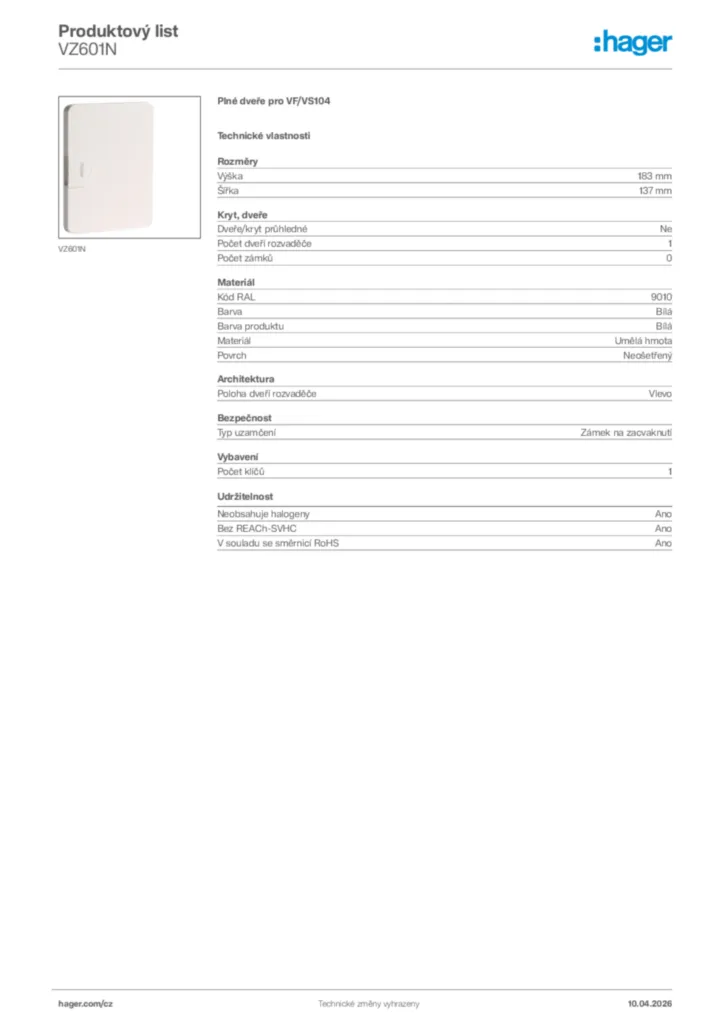 Obrázek Hager Product data sheet VZ601N | Hager