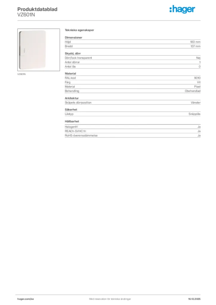 Bild Hager Produktdatablad VZ601N | Hager Sverige