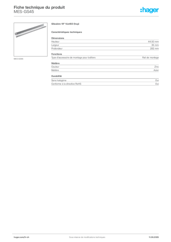 Image Hager Fiche technique du produit MES-GS45 | Hager Suisse