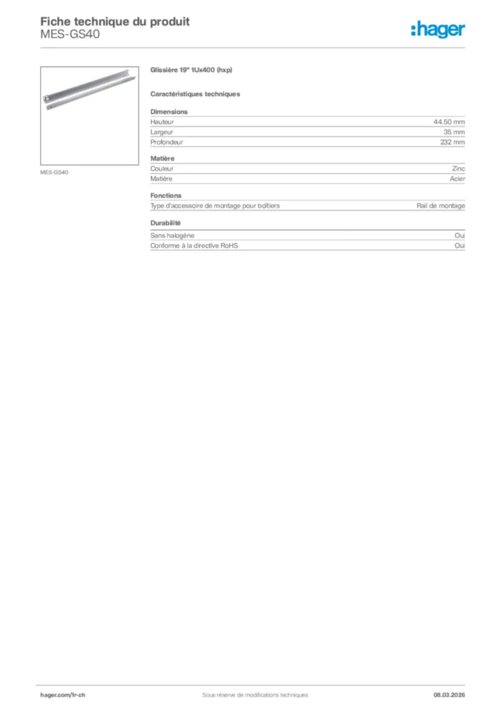 Image Hager Fiche technique du produit MES-GS40 | Hager Suisse