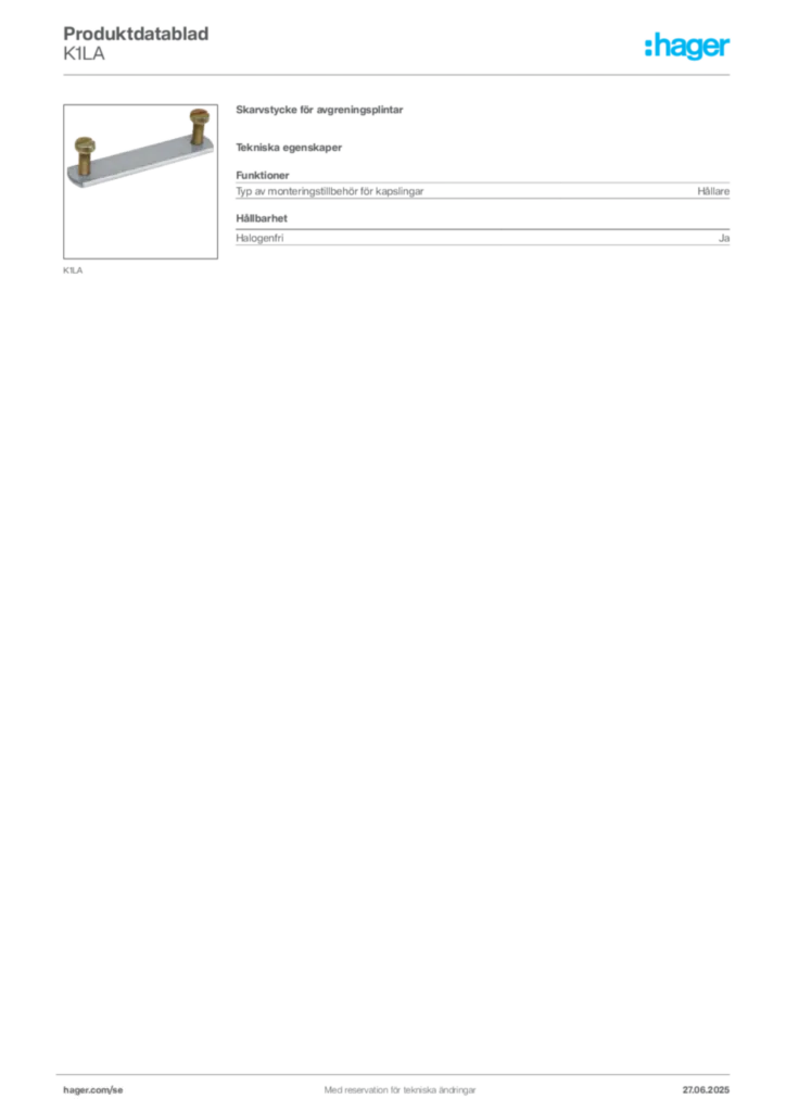 Bild Hager Produktdatablad K1LA | Hager Sverige