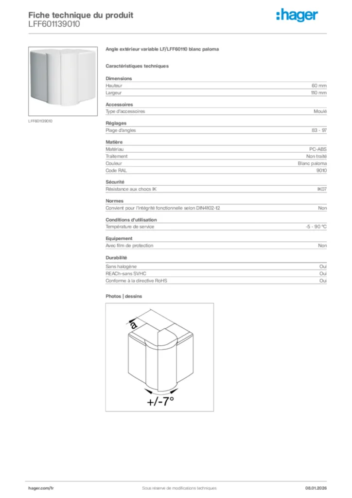 Image Hager Fiche technique du produit LFF601139010 | Hager France