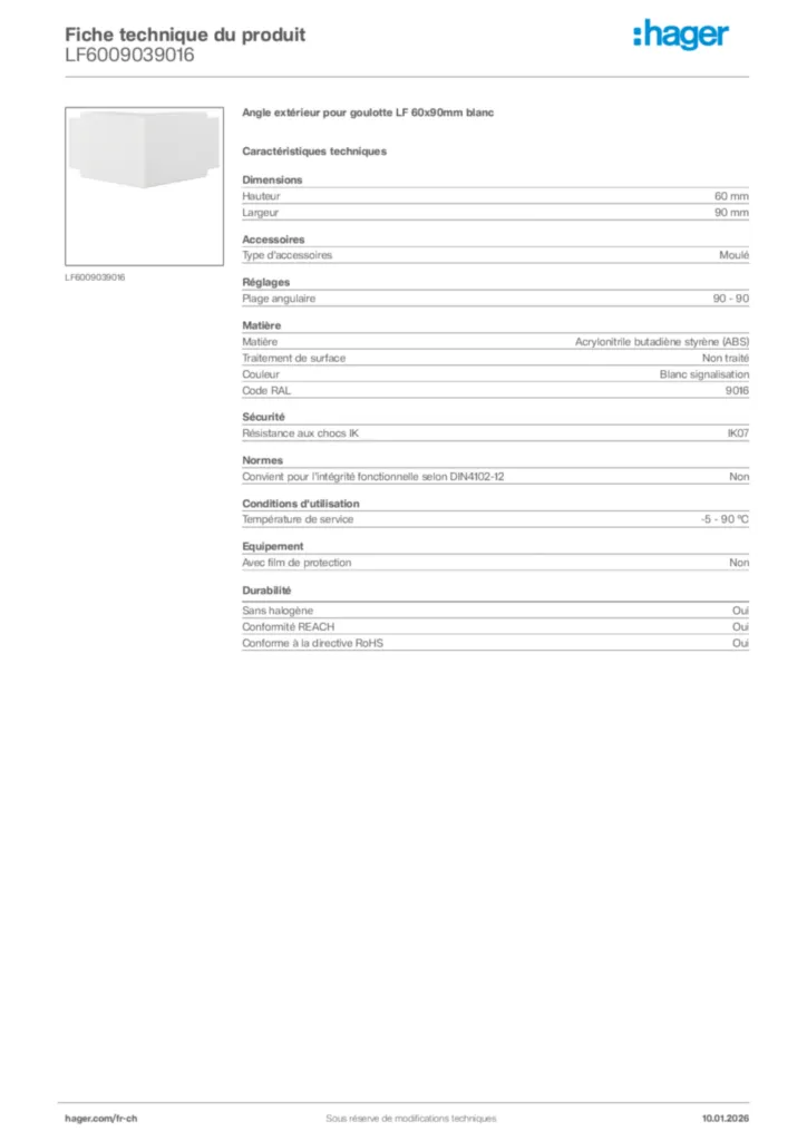 Image Hager Fiche technique du produit LF6009039016 | Hager Suisse