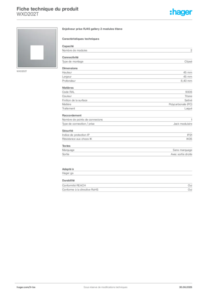 Image Hager Fiche technique du produit WXD202T | Hager Belgique
