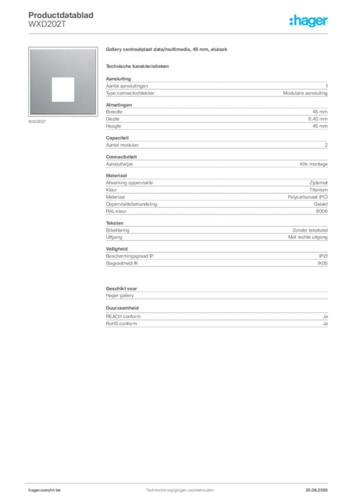 Afbeelding Hager Productdatablad WXD202T | Hager Belgium