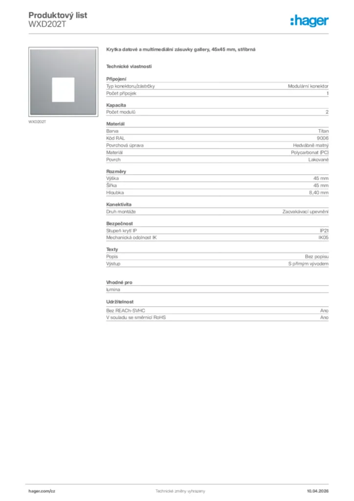 Obrázek Hager Product data sheet WXD202T | Hager