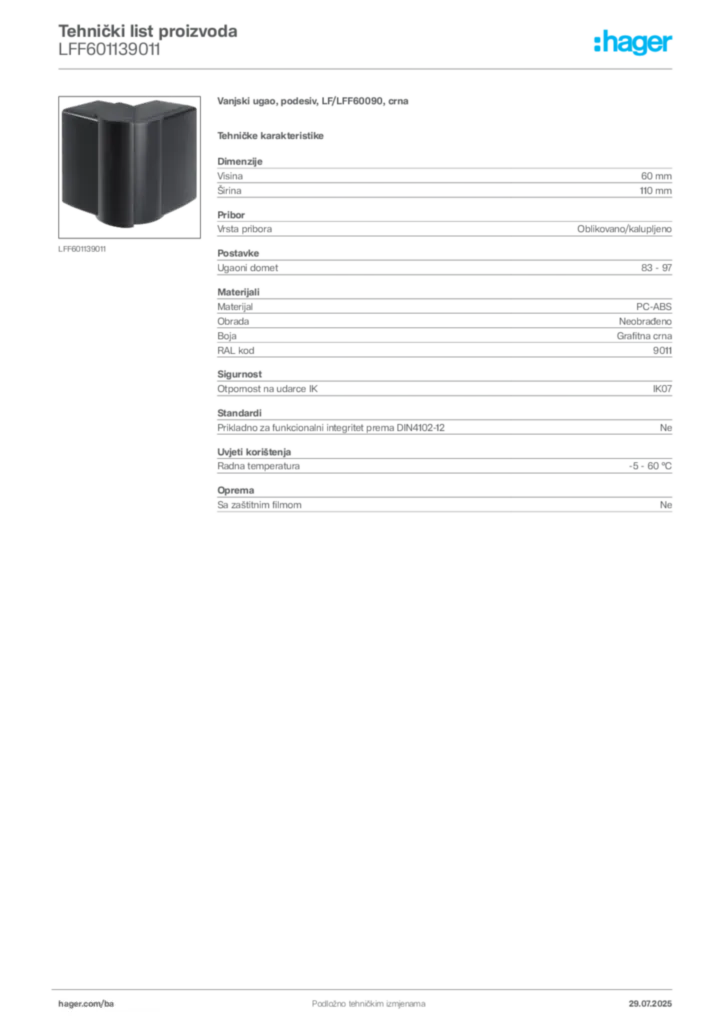 Slika Hager Product data sheet LFF601139011  | Hager