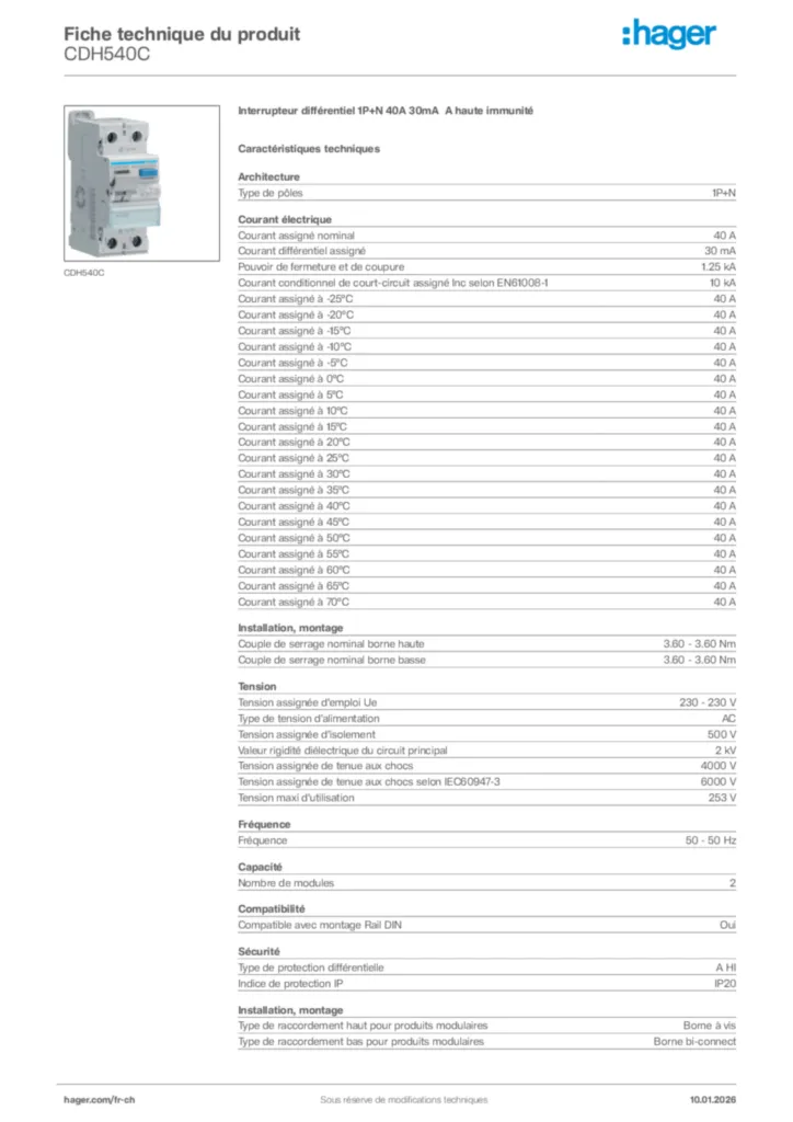 Image Hager Fiche technique du produit CDH540C | Hager Suisse