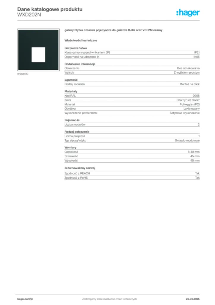Zdjęcie Hager Karta katalogowa WXD202N | Hager Polska