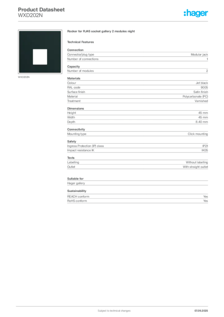 Image Hager Product data sheet WXD202N  | Hager