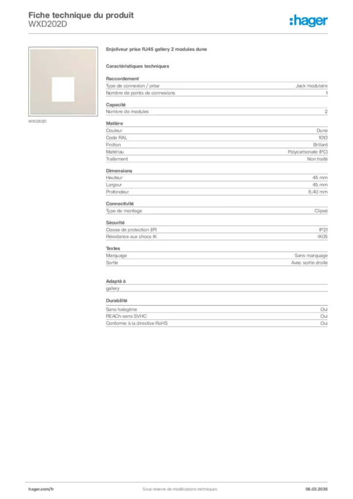 Image Hager Fiche technique du produit WXD202D | Hager France