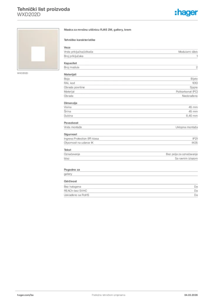 Slika Hager Tehnički list proizvoda WXD202D  | Hager