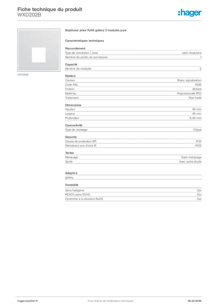 Image Hager Fiche technique du produit WXD202B | Hager Afrique