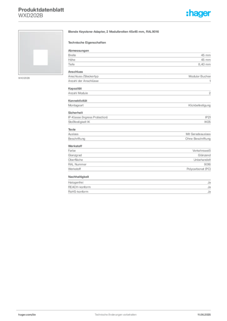 Bild Hager Produktdatenblatt WXD202B | Hager Deutschland
