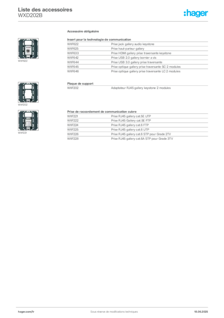 Image Hager Fiche technique du produit WXD202B | Hager France