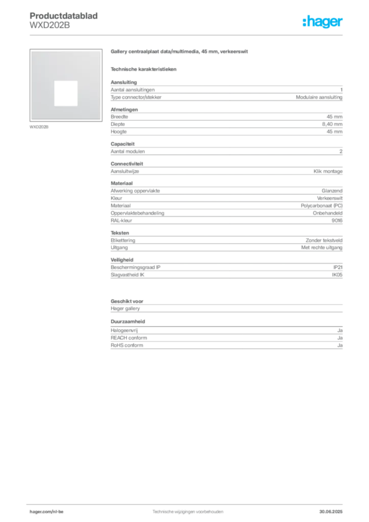 Afbeelding Hager Productdatablad WXD202B | Hager Belgium