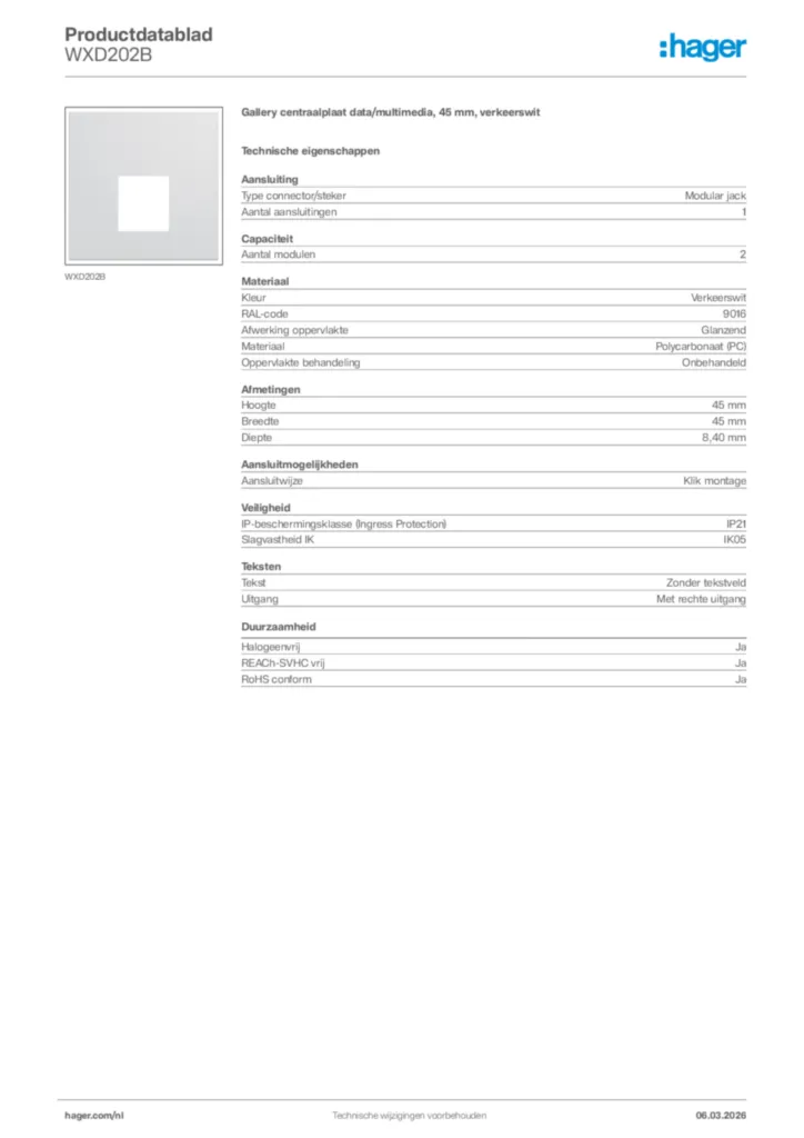 Afbeelding Hager Productdatablad WXD202B | Hager Nederland
