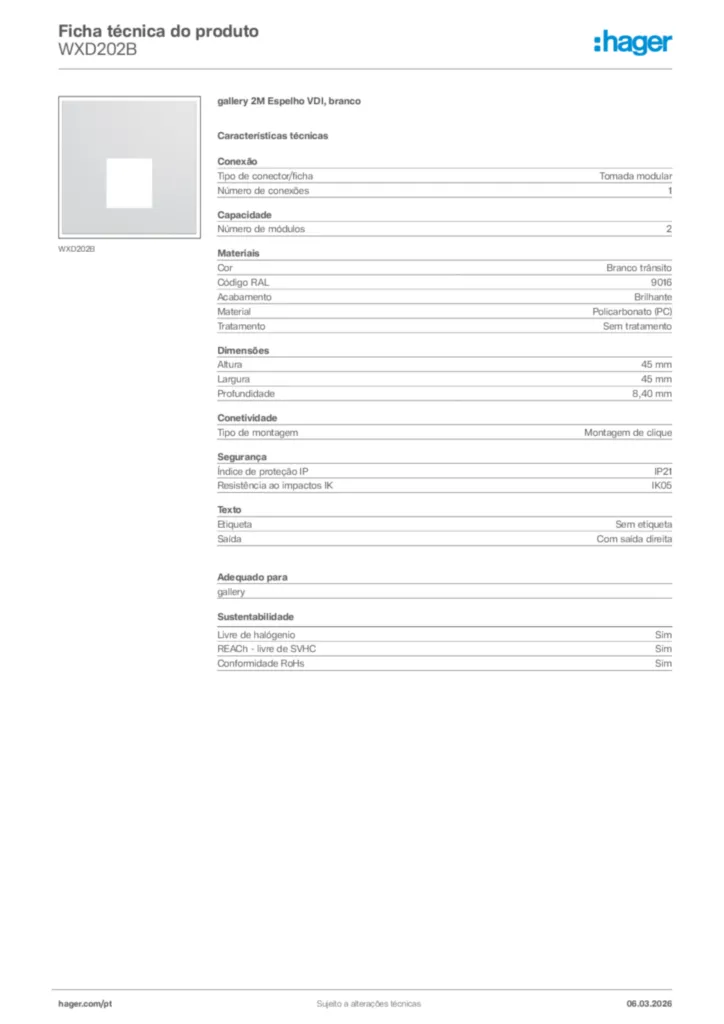 Imagem Hager Ficha técnica do produto WXD202B | Hager Portugal