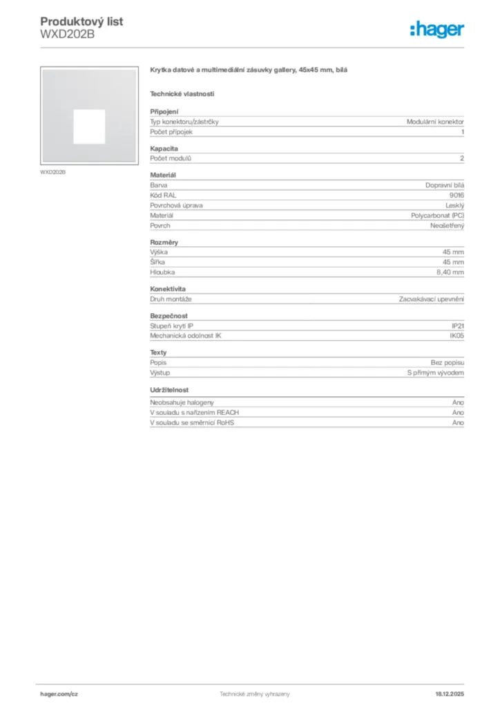 Obrázek Hager Produktový list WXD202B | Hager