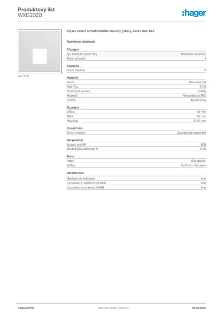 Obrázek Hager Product data sheet WXD202B | Hager